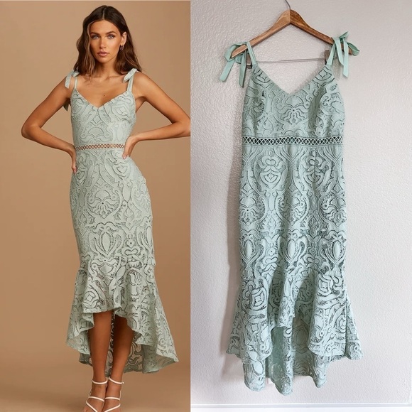 Lulus Dresses & Skirts - Won Your Heart Sage Green Lace Tie-Strap High-Low Midi Dress